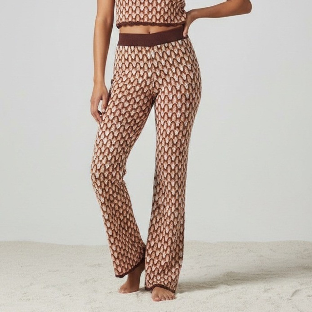 The Normal Brand Womens XL Knit Flare Pants Brown Geometric Scallop High Rise
